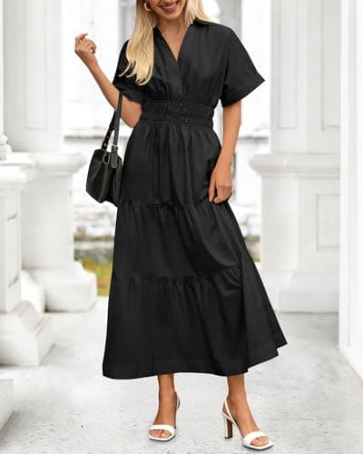 BTFBM Wedding Guest Dresses for Women Beach Fashion Casual Short Sleeve V Neck Solid Spring Summer Boho Maxi Dress (Black,Small) - Thumbnail 5