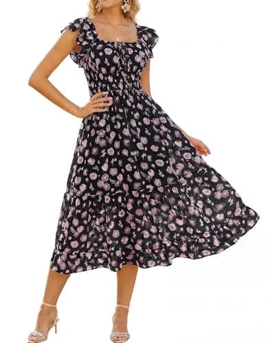 GRACE KARIN 2026 Women's Spring Floral Midi Dress Beach Wedding Guest Dresses Flowy A Line Casual Summer Clothes Black Flowers M - Image 1