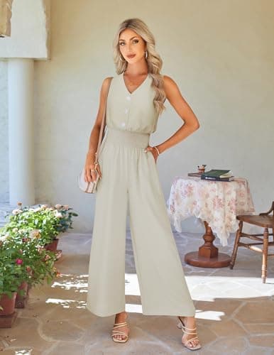 LOOKBOHO Women Sleeveless Jumpsuit Dressy Casual V Neck Wide Leg Pants Romper CuteOne Piece Summer Elegant Outfit(AT,S) - Thumbnail 5