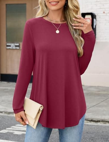 JUSTFASHIONNOW Womens Tops Long Sleeve Shirts Crew Neck Tunics or Tops To Wear with Leggings Casual Christmas T Shirts Fall Trendy Blouse (Wine Red, Large) - Thumbnail 3
