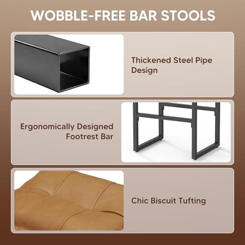 HOMVIMI Barstools with Double Cushion Comfortable Seating, Modern Bar Stools Set of 1 with Footrest, Counter Height Bar Chairs, Easy Assembly, for Kitchen Island, Bar, Counter(Brown) - Thumbnail 6