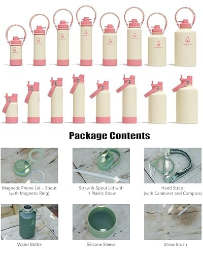 avodvo 20 oz Insulated Water Bottle with 2 Lids (2-in-1 Straw & Spout Lid, Magnetic Lid), Slim Water Bottle with Strap, Stainless Steel Water Bottle for School, PA-Free, Light Pink - Thumbnail 2