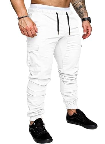 JMIERR Man Fashion Cargo Pants - Casual Cotton Tapered Stretch Twill Chino Athletic Joggers Sweatpants Drawstring Hiking Workout Trousers Travel Pants with Pockets for Men,US 36(L),A White - Image 1