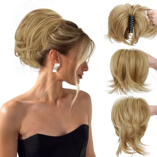 Sotpmal Claw Clip Short Ponytail Extension Messy Bun Hair Piece With 4 Bendable Metals DIY Synthetic Fake Hair Bun For Women Daily Use Ash Blonde Mix Ginger Blonde - Image 1