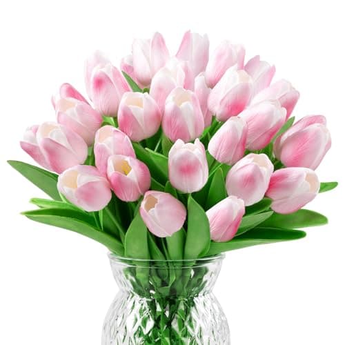 U'Artlines 30Pcs Fake Tulips Artificial Flowers with Stems Faux Tulips Bouquet Real Touch Flower for Wedding Home Kitchen Spring Easter Mother's Day Floral Arrangement Decor (Light Pink) - Image 1