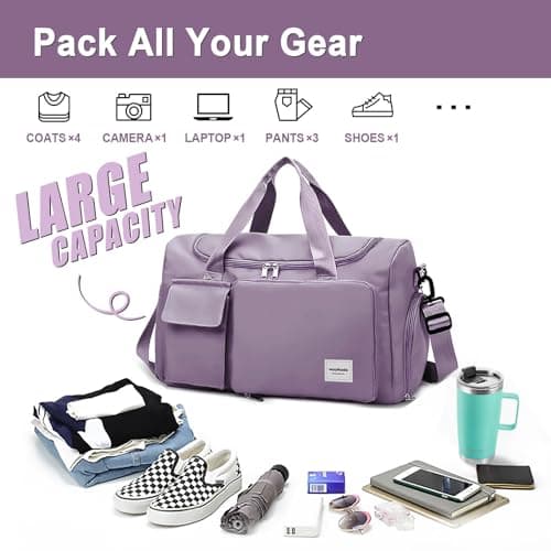 WOOMADA Foldable Travel Duffel Bag with Shoes Compartment, Overnight Bag with Wet Pocket & Trolley Sleeve, Weekender Bags for Women(A-grayish purple) - Thumbnail 3