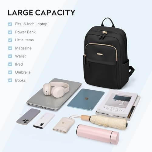 GOLF QUALITY Hiking Travel Backpack for Women Casual Business Weekender Multilayer Laptop Bag,16 Inch,Black - Thumbnail 3