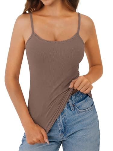 GKBK Women Lace Tank Top Y2K Slim Fit Low Cut Adjustable Spaghetti Strap Sleeveless Camisole Cute Basic Summer Going Out Tops Brown S - Thumbnail 4