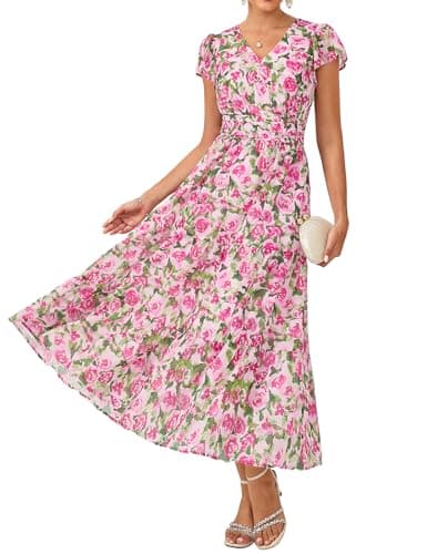 GRACE KARIN Women Summer Dress,Maxi Floral Dresses,V Neck Wedding Guest Flowy Dress 2026 Rose Pink Gradient Flowers XL - Image 1