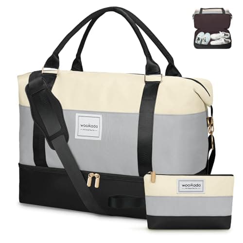 WOOMADA Weekender Bag for Women, Large Carry On Bag with Shoe Compartment, Hospital Labor & Delivery Overnight (Beige&Grey&Black) - Image 1