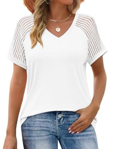 JUSTFASHIONNOW Short Sleeve Blouses for Women Dressy Casual Summer Tops Business Work V Neck Shirts Spring Clothing（White,X-Large - Image 1