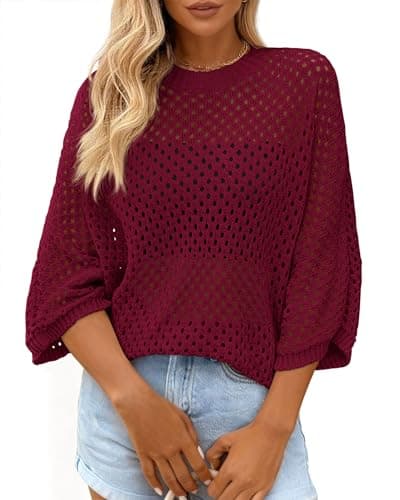 KIRUNDO Crochet Tops for Women Summer Hollow Out Batwing Sleeve Cover Up Cute Pullover Sweater Shirts Beach Vacations Clothes(Wine Red, Large) - Image 1