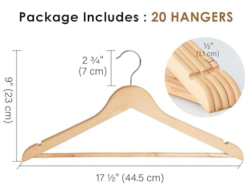 StorageWorks Wooden Hangers 20 Pack, Wood Coat Hangers for Closet, Heavy Duty Clothes Hangers for Suits, Shirts, Pants, Jackets, Natural Wood Color - Thumbnail 3