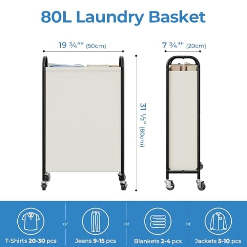 GRANNY SAYS 80L Slim Laundry Hamper with Wheels, Fabric Rolling Laundry Basket, Narrow Clothes Organizer, Tall Hamper for Closet, Laundry Room, Bathroom, Beige - Thumbnail 4
