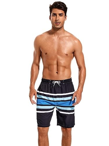 SILKWORLD Mens Swim Trunks with Compression Liner 9 Inch Quick Dry Beach Board Shorts with Zipper Pockets, Black Blue, Small - Thumbnail 5
