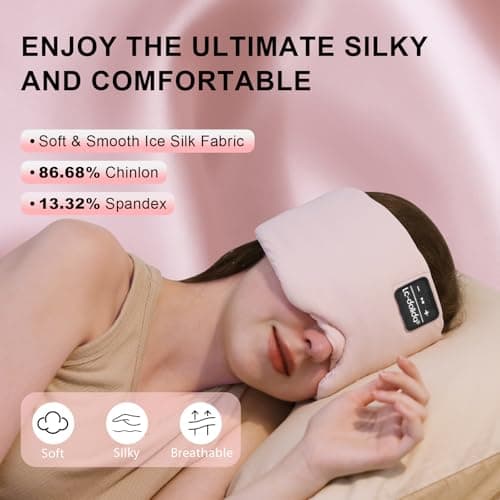 LC-dolida Sleep Mask with Bluetooth Headphones, Ice Silk Sleep Headphones with Bluetooth 5.4, Total Blackout Eye Mask for Sleeping, Sleep Soft Mask for Women Men, All Night Sleep, Travel(Pink) - Thumbnail 2