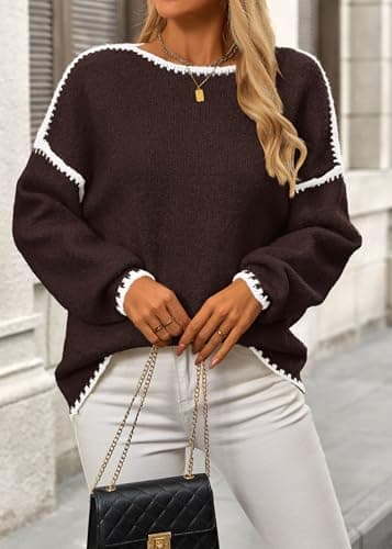 KIRUNDO Womens Sweaters 2026 Fall Oversized Long Sleeve Chunky Knit Crew Neck Contrast Stitching Pullover Winter Clothes(Brown, Medium) - Thumbnail 5