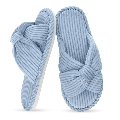 IPSAE House Slippers for Woman Memory Foam Open Toe Slippers Corduroy Cross Bow Womens Slipper Slides Comfy Indoor Bedroom Slip On Shoes - Image 1