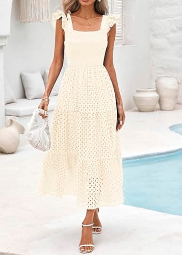 Lazysmile Womens Summer Maxi Dress Square Neck Ruffle Cap Sleeve Hollow Out Eyelet Smocked Tiered A Line Boho Sundress Apricot - Thumbnail 3