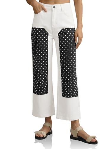 Tankaneo Women Cropped Polka Dot Jeans Casual High Waisted Straight Leg Patchwork Y2K Denim Pants with Pockets Black - Image 1