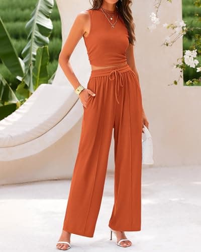 BTFBM Summer Outfits For Women 2026 Cropped Sleeveless Tank Tops Wide Leg Pants 2 Piece Sets Beach Lounge Set Clothing(Brick Red, Small) - Thumbnail 4