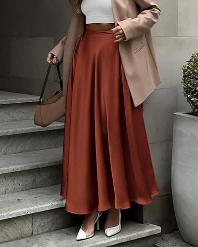 BTFBM Satin Skirts for Women Spring Fashion 2026 Elegant Flowy A-Line Cocktail Formal Silk Maxi Skirt Night Out Outfits(Brown, Medium) - Thumbnail 2