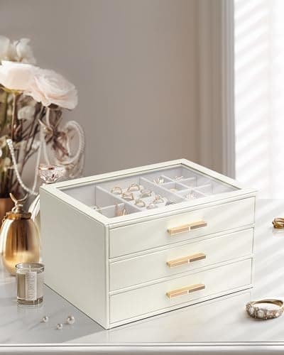 VLANDO Jewelry Box for Women, Glass Lid Jewelry Organizer with 3 Drawers for Necklaces Rings Earrings Bracelets Mother Day Gift for Mom - Cloud White - Thumbnail 2