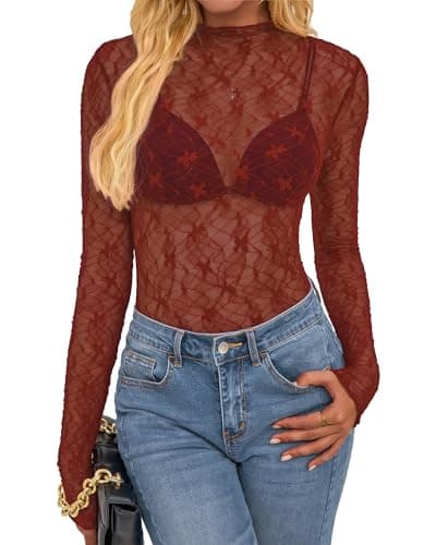 BTFBM Womens Tops Mesh Lace Long Sleeve Tops for Women 2026 Spring Fall Sexy Sheer See Through Tight Party Club Outfits(Burnt Orange, Medium) - Image 1