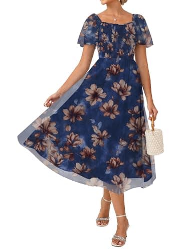 GRACE KARIN Women's Summer Floral Maxi Dress 2026 Square Neck Smocked Mesh Dresses Short Sleeve Wedding Guest Sundress Navy Blue M - Image 1