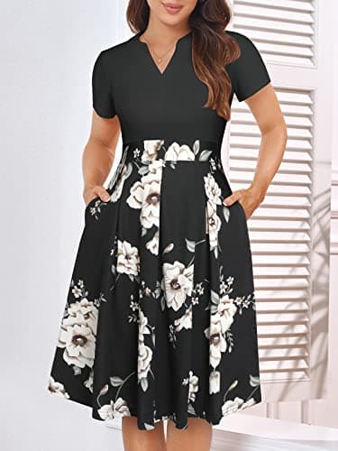 YATHON Womens Black Khaki Floral Patchwork Dresses Vintage V Neck 2024 Summer Business Office Work Party Casual Dress with Pockets(YT228-Black Khaki P2,M) - Thumbnail 4