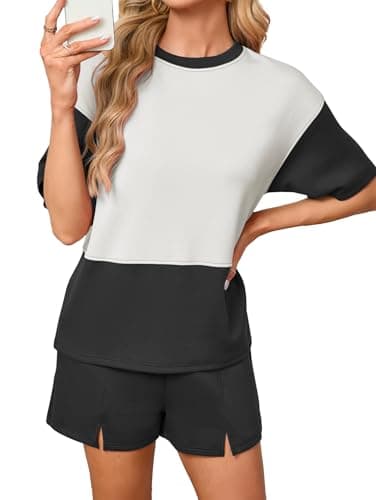 Famulily Summer Tracksuit for Women 2 Piece Loungewear Two Piece Color Block Short Sleeve Lounge Sets Black XXL - Image 1