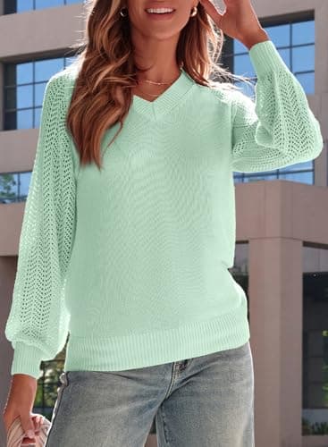 Dokotoo Womens Oversized Sweaters for Women 2026 Spring V Neck Long Puff Sleeve Solid Hollow Out Fashion Casual Loose Plain Solid Color Cable Knit Sweater Pullover Jumper Outerwear Sky Blue XX-Large - Thumbnail 3