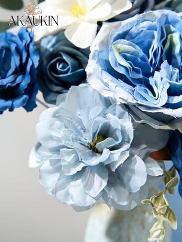 AKAUKIN Dusty Blue Artificial Flowers Box Set with Premium Silk Roses & Dahlia for Wedding Bridal Bouquets, Baby Shower, Birthday Party, Table Centerpieces, Home Decor & DIY Floral Arrangements - Thumbnail 3