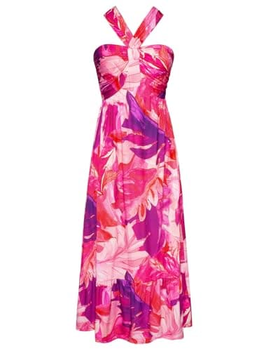Women's 2026 Summer Floral Maxi Dress Criss Cross Halterneck Sleeveless Flowy A Line Boho Beach Vacation Casual Dress Pink Abstract XXL - Image 1