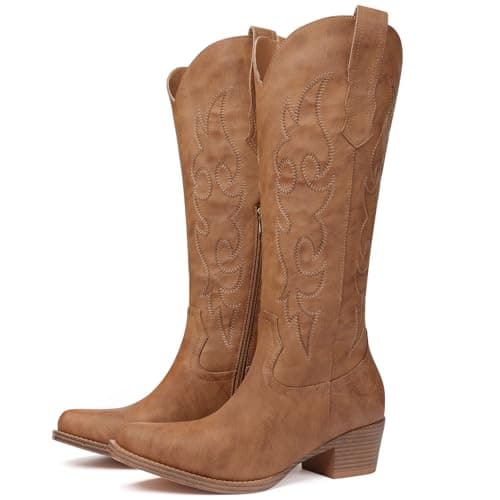 Quorvash Women's Wide Calf Cowboy Boots - Snip Toe Western Cowgirl Boots, Faux Leather Chunky Knee High Boots for Country Concerts & Nashville Outfits Brown Size 9.5 - Image 1