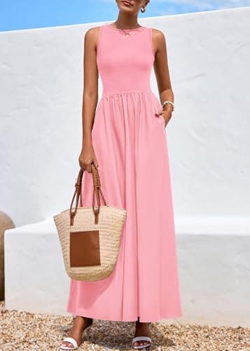 KIRUNDO Summe Sleeveless Maxi Dresses for Women 2026 Spring Wedding Guest A Line Tank Elegant Flowy Beach Long Sundress(Pink, Small) - Thumbnail 4