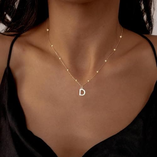 KISSCLOUD Initial Necklaces for Women 14K Gold Plated Dainty Letter Charm Necklace Personalized Name Pendant Bead Chain D Necklace Non Tarnish Trendy Jewelry Gift - Thumbnail 2