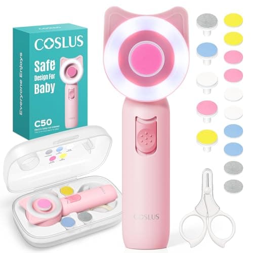 COSLUS Baby Nail File, Baby Nail Trimmer Electric, Baby Nail Clipper - Gentle, Quiet with 360° Light, Safe for Sleep Time Grinding, 16-in-1 Kit for Newborn, Infant & Toddler (C50, Strawberry Pink) - Image 1