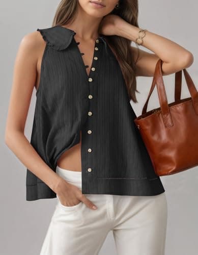 Womens Peter Pan Collar Sleeveless Shirt Summer Eyelet Cotton Button Down Tank Tops Casual Ruffle Flowy Blouse Vest Black - Thumbnail 5