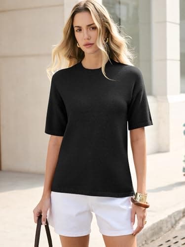 ANRABESS Womens Short Sleeve Sweater Oversized Lightweight Business Casual Tops Crewneck Soft Knit 2026 Spring Summer Outfits Black X-Large - Thumbnail 2
