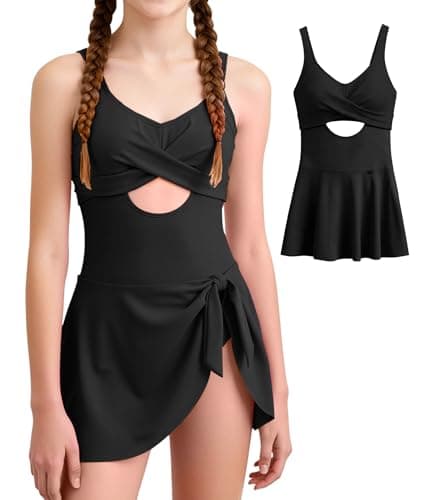 MFAVIP Girls One Piece Swimsuits Classic Black Girl Swimsuits with Ruffle Skirt Removable Pads Adjustable Straps Size 9-16 - Image 1