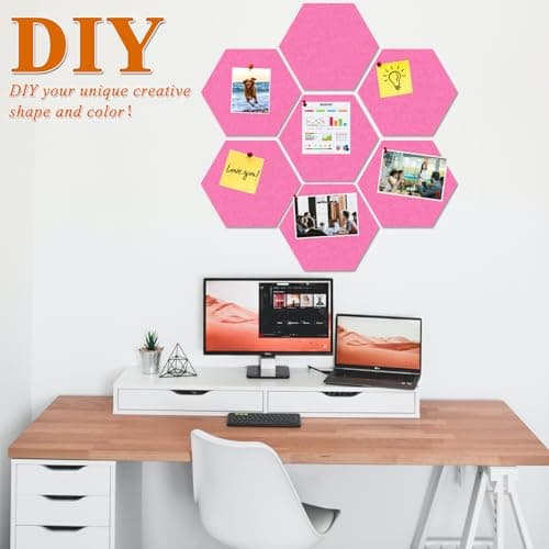 HULAVO Large Hexagon Felt Cork Board Tiles, Self Adhesive DIY Felt Bulletin Board Pin Board with 35 Pushpins for Office School Home Wall Decor Stickers Memos Photos Display(Pink) - Thumbnail 3
