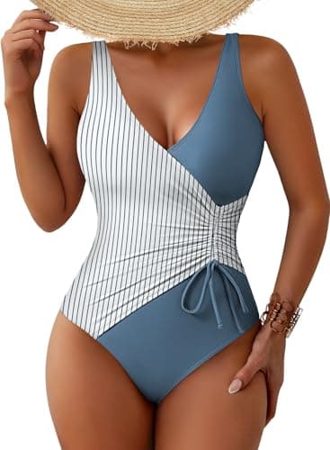 Pink Queen Women Swimsuit Summer One Piece Simwear Sexy Adjustable Colorblock V Neck Bathing Suit Swim Wear 2026 L Blue Stripe - Image 1