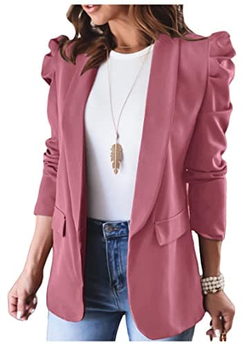 KIRUNDO Women's 2026 Spring Fall Casual Blazers Puff Sleeve Lapel Open Front Work Suit Office Blazer Jackets with Pockets(Rose Pink, Small) - Image 1
