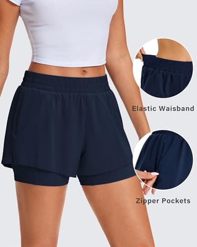 Stelle Women's 2 in 1 Running Shorts Athletic Workout Gym Shorts High Waisted Shorts with Liner Zipper Pockets (Navy, Small) - Thumbnail 5