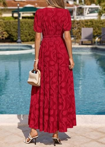 KIRUNDO Summer Dresses for Women 2026 Boho Flowy Casual Short Sleeve V Neck Elastic Waist Floral Long Baby Shower Maxi Dress(Red, XX-Large) - Thumbnail 5