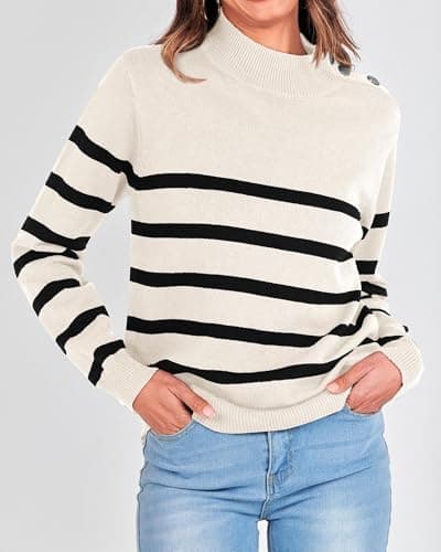 KIRUNDO Fall Sweaters for Women 2026 Striped Turtleneck Ribbed Knit Sweater Trendy Pullover Jumper Winter Fashion Clothing Cream and Black Striped Sweater(Large, White) - Thumbnail 6