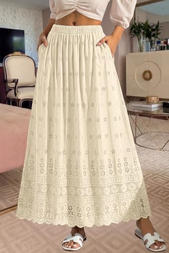 dowerme Women Summer Maxi Skirt Cute Elastic High Waist Boho Eyelet A-Line Cotton Flwoy Long Skirts Spring Clothes 2026(Beige,X-Large) - Thumbnail 5