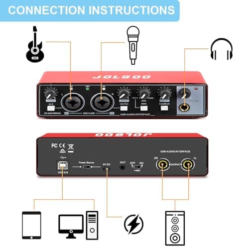 USB Audio Interface, Red 24-Bit/192kHz Plug & Play Sound Card for Recording – XLR/Line In, Headphone Out, Low Latency, Compatible with PC, Mac, Smartphone - Thumbnail 2
