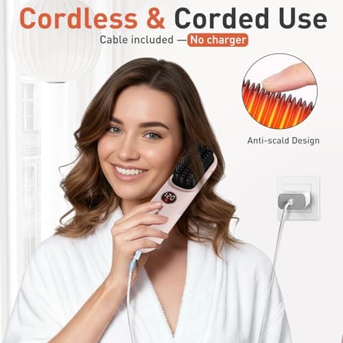 TANSHINE Cordless Hair Straightener Brush with 6000mAh Battery, Negative Ions & LCD Display - Portable Straightening Comb for Travel,Rechargeable Mini Hot Straightening Comb for Women,Pink - Thumbnail 2
